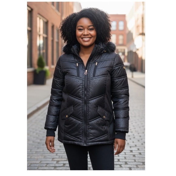 MICHAEL KORS Women's Black Mixed Media Coat Hooded Insulated Jacket 2X    - Picture 1 of 11